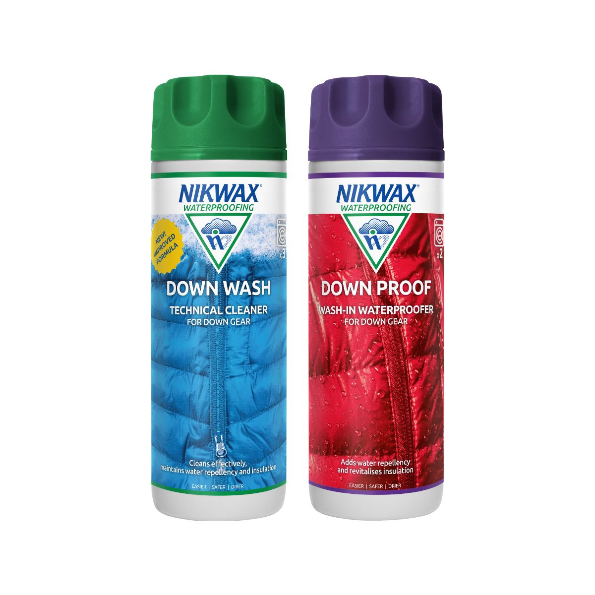 300ml bottle of Nikwax Down Wash. Down wash bottle has a green lid with a blue puffer jacket on the label. 300 ml bottle of Nikwax Down Proof bottle has a purple lid with a red puffer jacket on the label.