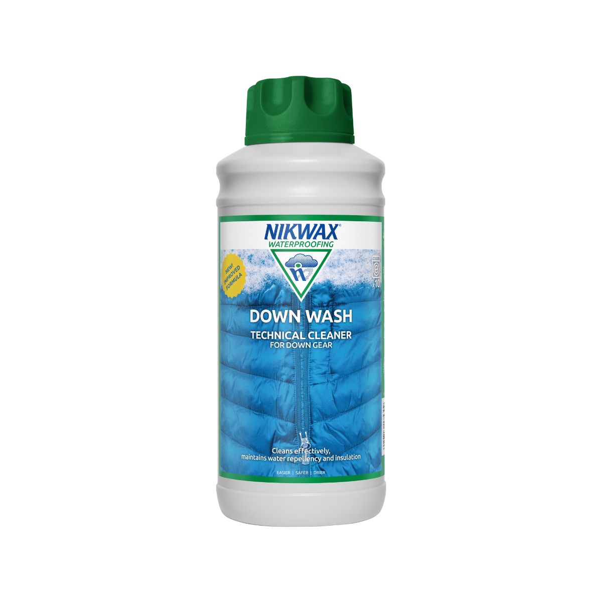 1L bottle of Nikwax Down Wash. Bottle is white with a green lid. Label features a close up of a zipper on a blue puffer jacket.