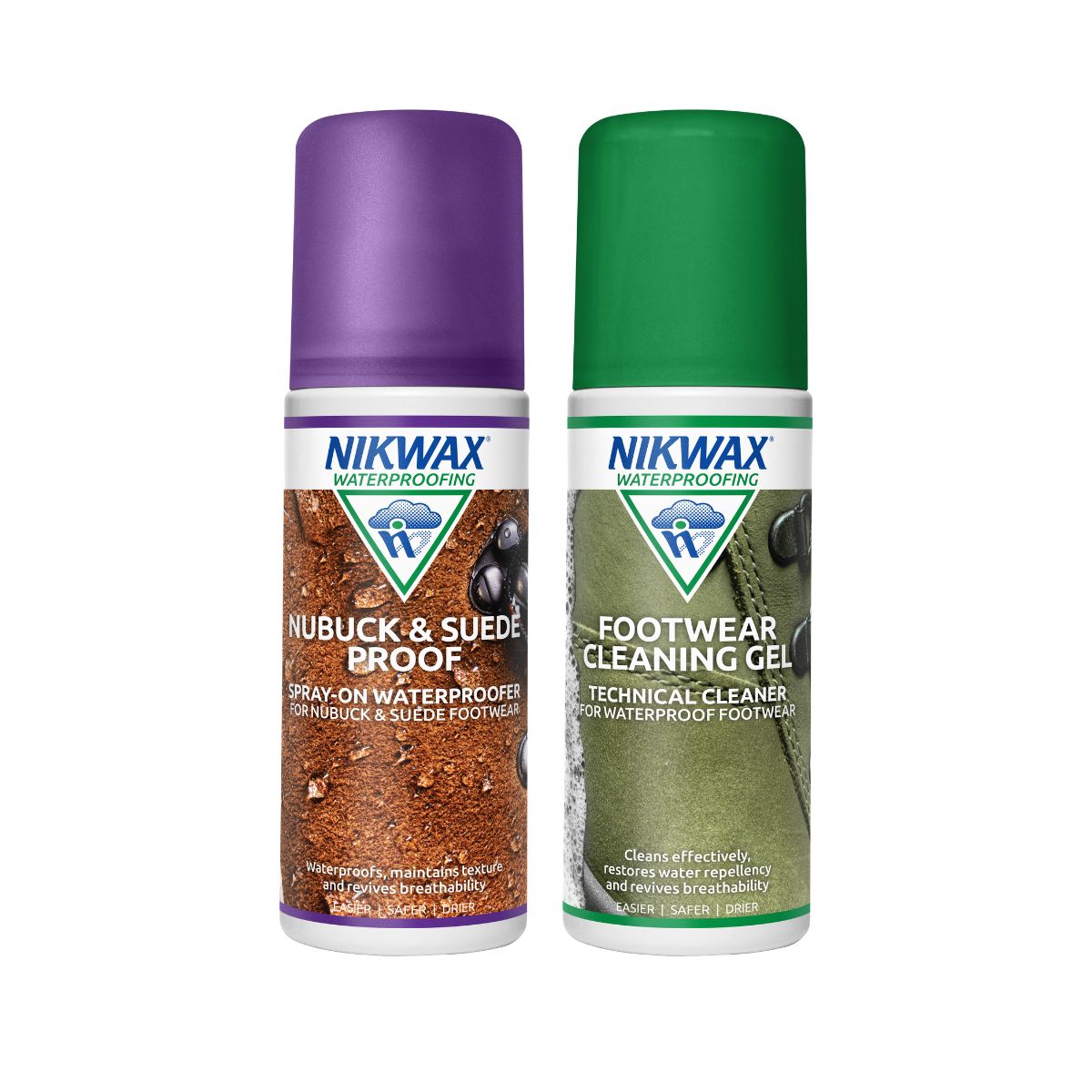 125ml bottles of Nikwax Nubuck & Suede proof and Footwear cleaning gel. Nubuck & suede proof is in a white bottle with a purple lid and a label showing a close up of tan leather with water beading on the surface. The Footwear cleaning gel bottle is white with a green lid and a label showing a green shoe with bubbles on the left hand side of the label.