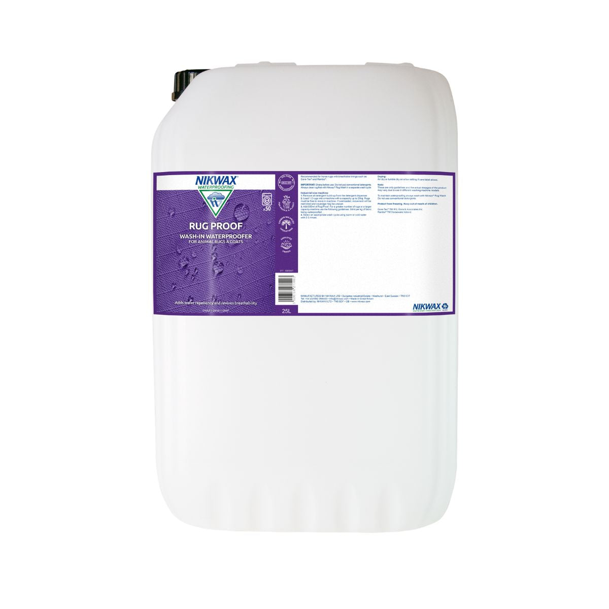 25 litre bottle of Nikwax Rug proof. Bottle is white with a purple lid. Label features close up of purple fabric with water pooling on the surface.