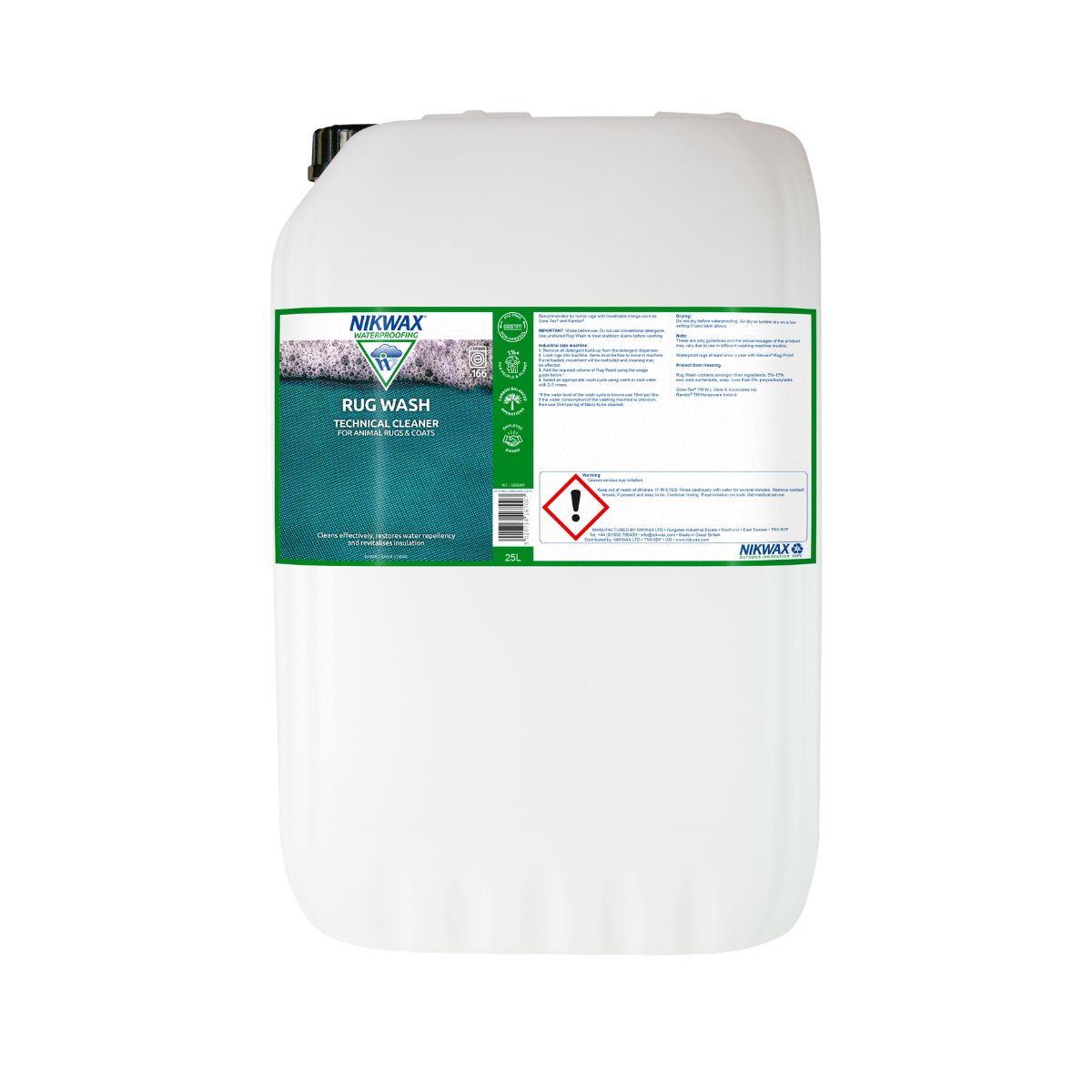 25 litre bottle of Nikwax Rug Wash. Bottle is white with a green lid. Label features a close up of green fabric with bubbles off to the left.