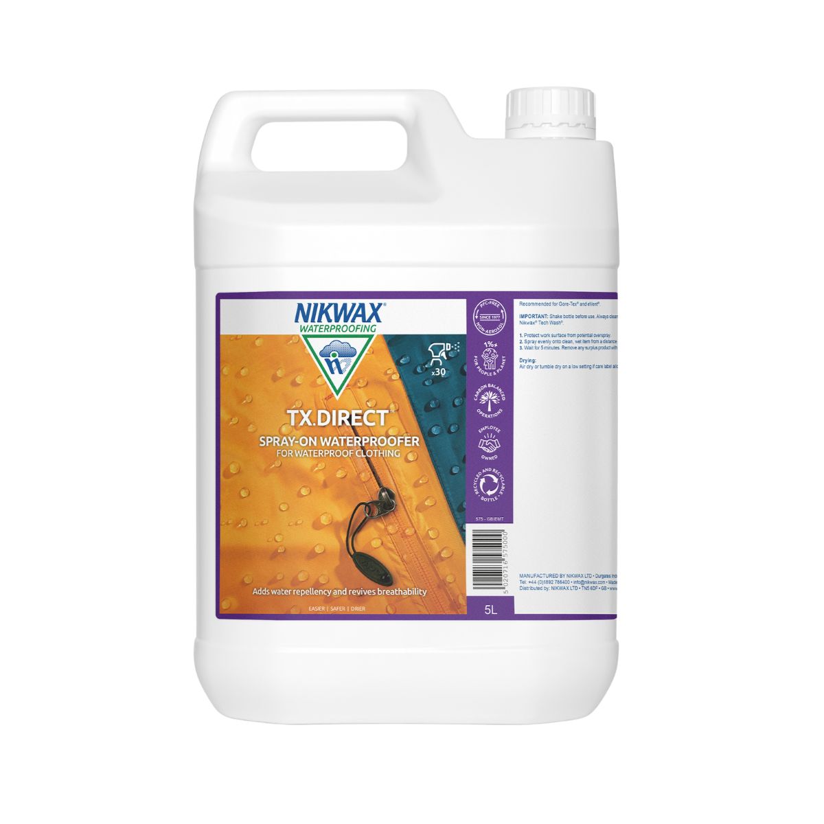 Five litre bottle of Nikwax TX Direct spray on. The bottle is white with white lid and a label showing a close up of a yellow jacket with water beading on the surface.
