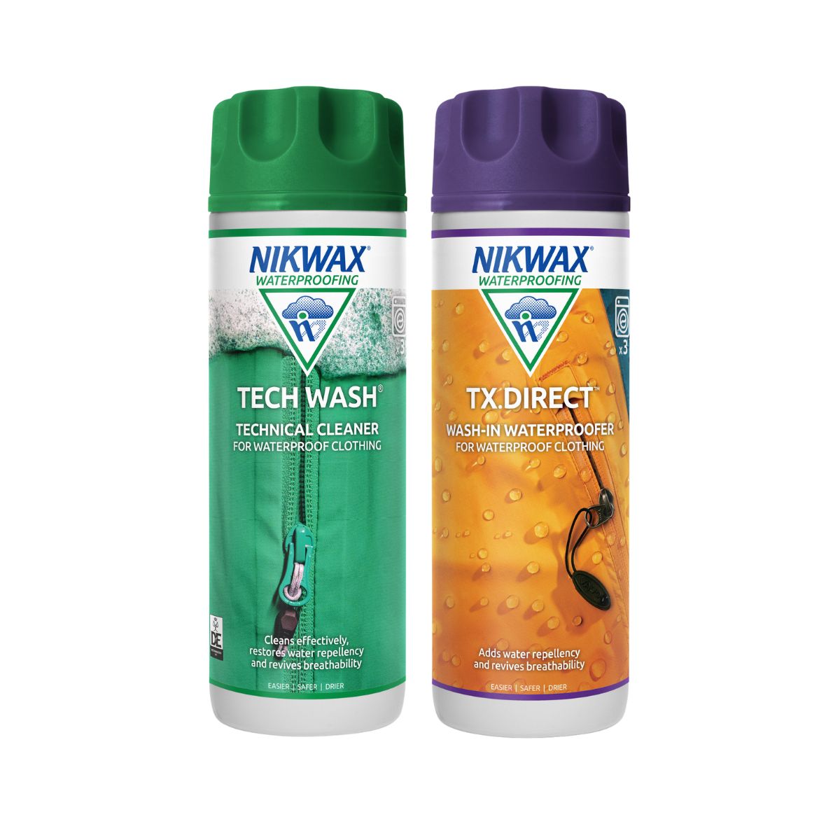 300ml bottle of Nikwax TX Direct on the left and 300ml bottle of Tech Wash on the right. The TX Direct bottle is white with a purple lid and a label showing a close up of a yellow jacket with water beading on the surface. The Tech Wash bottle is white with a green lid and a label showing an image of a front loading washing machine full of outdoor clothing.