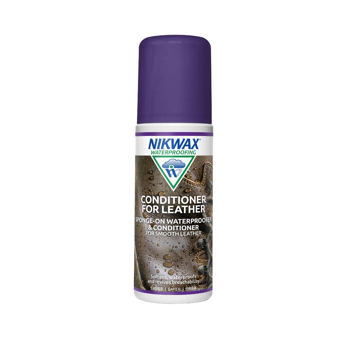 Bottle of Nikwax Conditioner for Leather, with a label showing a pair of boots with water pooling on the surface. Bottle is white with a purple cap
