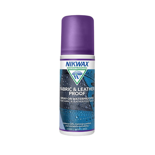 125ml bottle of Nikwax Fabric & Leather Proof Spray On. Bottle is white with a purple lid. Label features close up of a dark blue show with water pooling on the surface.