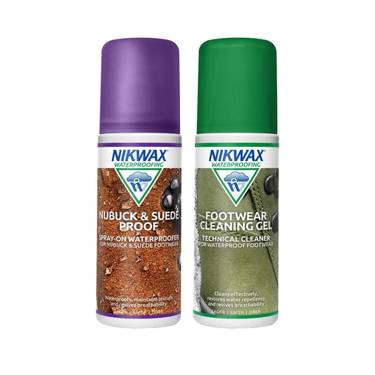 125ml bottles of Nikwax Nubuck & Suede proof and Footwear cleaning gel. Nubuck & suede proof is in a white bottle with a purple lid and a label showing a close up of tan leather with water beading on the surface. The Footwear cleaning gel bottle is white with a green lid and a label showing a green shoe with bubbles on the left hand side of the label.