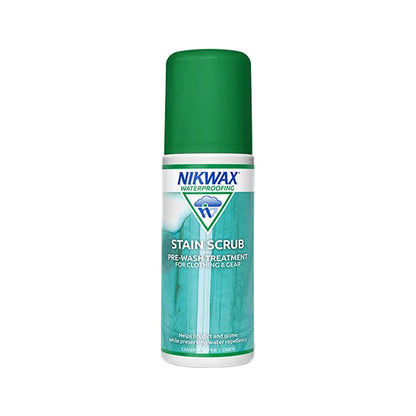 125ml of Nikwax Stain Scrub. Bottle is white with a green lid. Label features close up of teal fabric with bubbles top left. 