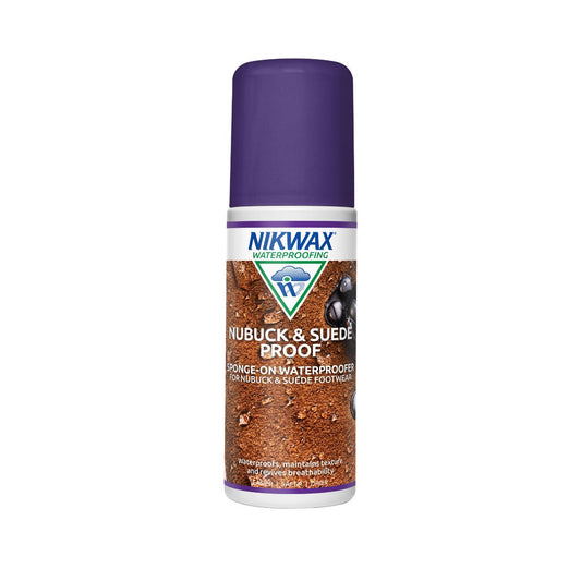 125ml bottle of Nikwax Nubuck & Suede Proof sponge on. Bottle is white with a purple lid. Label features close up of some tan leather with water pooling on the surface.
