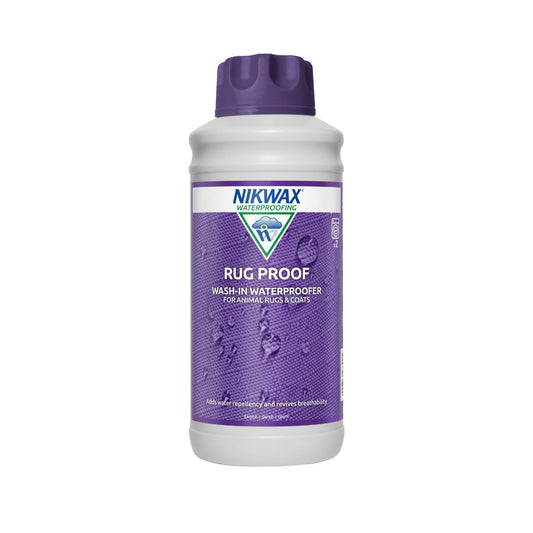 1 litre bottle of Nikwax Rug proof. Bottle is white with a purple lid. Label features close up of purple fabric with water pooling on the surface.