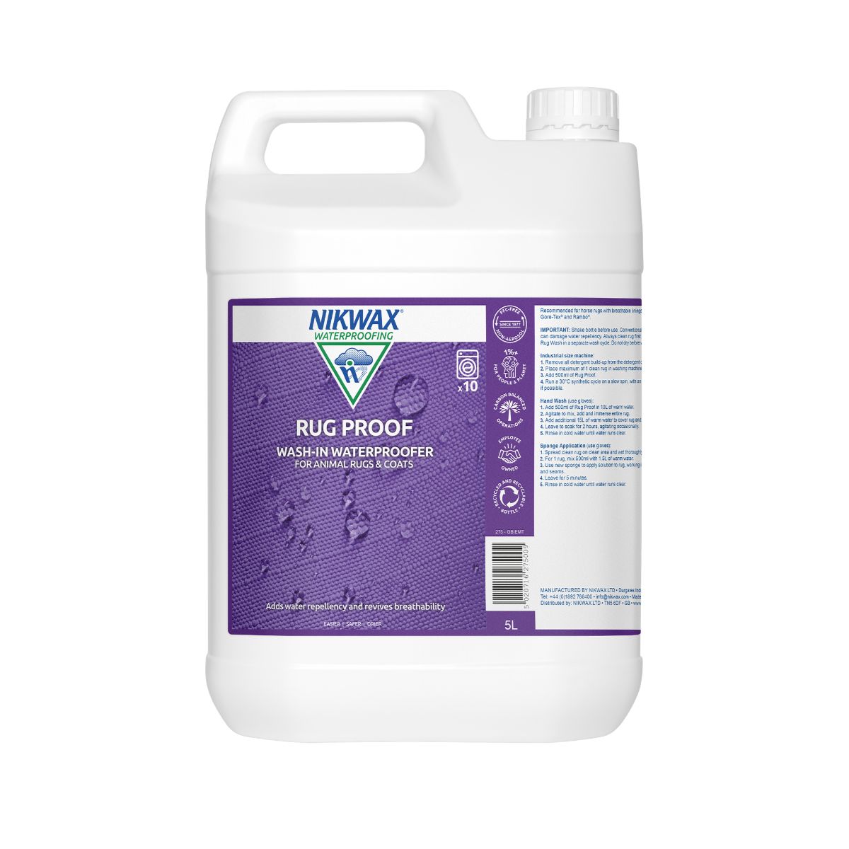 5 litre bottle of Nikwax Rug proof. Bottle is white with a purple lid. Label features close up of purple fabric with water pooling on the surface.