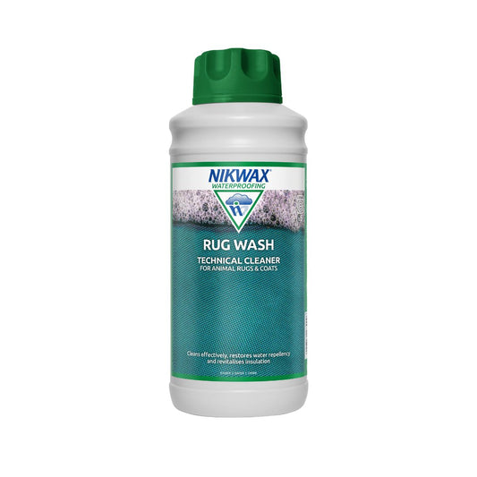1 litre bottle of Nikwax Rug Wash. Bottle is white with a green lid. Label features a close up of green fabric with bubbles off to the left.