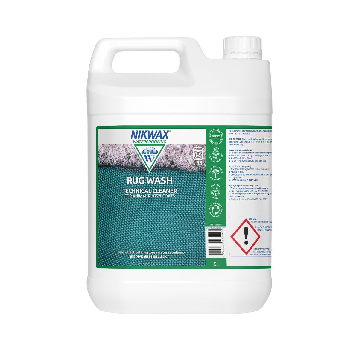 5 litre bottle of Nikwax Rug Wash. Bottle is white with a green lid. Label features a close up of green fabric with bubbles off to the left.