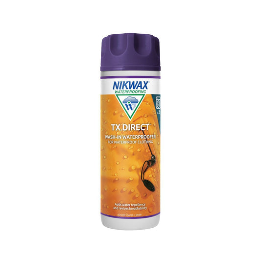 300ml bottle of Nikwax TX Direct wash in. The bottle is white with purple lid and a label showing a close up of a yellow jacket with water beading on the surface. 