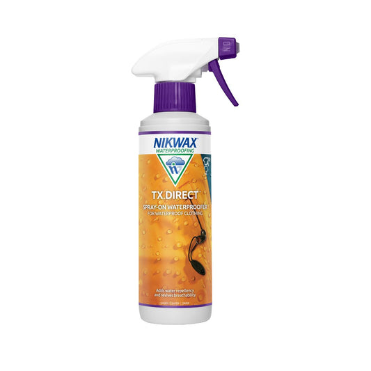 300ml bottle of Nikwax TX Direct spray on. The bottle is white with a purple and white lid and a label showing a close up of a yellow jacket with water beading on the surface. 