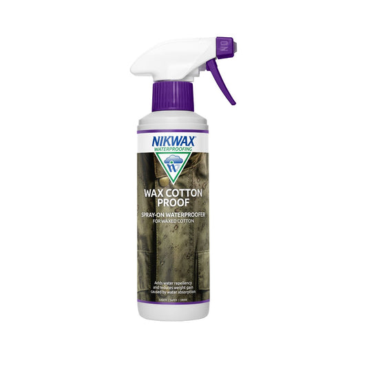 300ml spray bottle of Nikwax Wax Cotton Prof. Bottle is white with a purple and white spray lid. Label features a close up of a light save green waxed cotton jacket with zipper and domes and water beading on the surface.